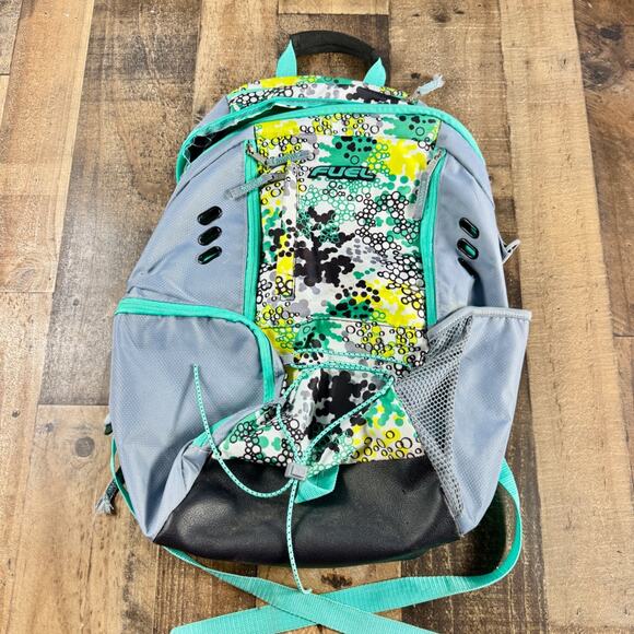 FUEL Backpack Gray Green Yellow FIVE Zip Pockets Adjustable Straps ROOMY Ex Cond - Picture 1 of 10